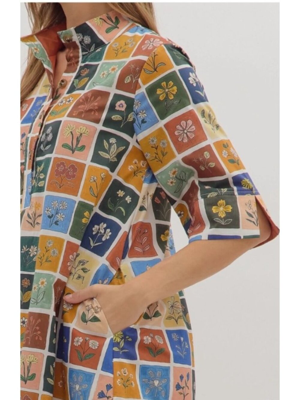 Entro Women's Sz Small Floral Colorblock A-Line Dress With Pockets 3/4 Sleeves